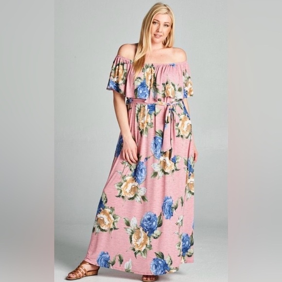 New!Plus Size Floral Off Shoulder Belted Maxi Dress Sizes  1X 2X 3X - Picture 1 of 4